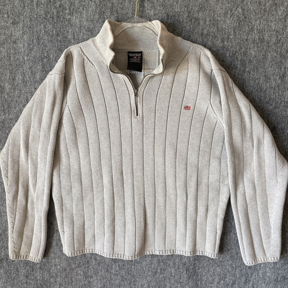 Vintage Polo Jeans Co Ralph Lauren Mens XXL Gray Ribbed Cotton RL Flag Sweater